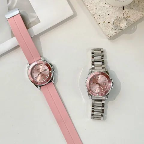 Women's Fashion Waterproof Quartz Watch Luxury Candy Color Sunray Dial Rotating Bezel Alloy Case Stainless Steel Wristwatch