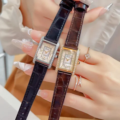 Scottie 9655 Women French Retro Rectangular Quartz Watch Macaron Colored Dial Rhinestone Inlaid Waterproof Stainless Steel Leather Strap Elegant Fashion Wristwatch