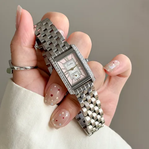 Scottie 9655 Dames Frans Retro Rechthoekig Kwartshorloge Macaron Gekleurde Wijzerplaat Ingelegd met Strass Waterdicht Roestvrij Staal Leren Band Elegant Mode Polshorloge