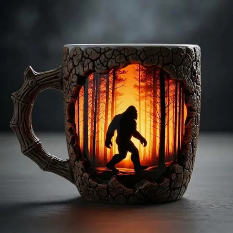 Bigfoot Silhouette Forest Sunset Resin Mug Creative Bark Texture Tree Branch Handle Halloween Gift Craft Cup