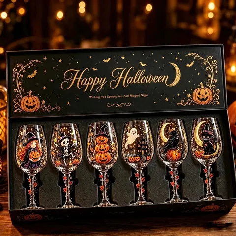 Verre à Vin d'Halloween Coupe en Verre Peinte avec Décoration Feuille d'Érable Citrouille Fantôme Corbeau Sorcière Chat