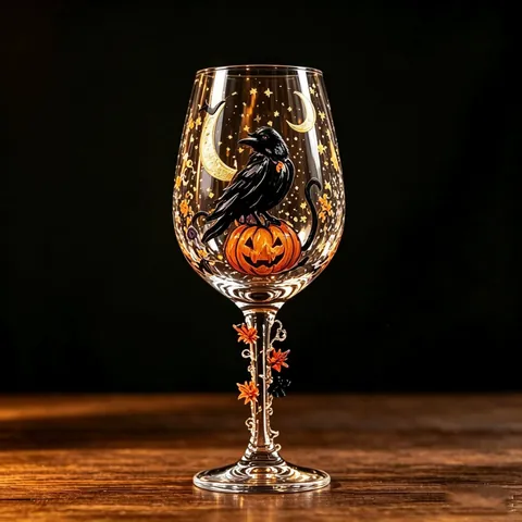 Verre à Vin d'Halloween Coupe en Verre Peinte avec Décoration Feuille d'Érable Citrouille Fantôme Corbeau Sorcière Chat