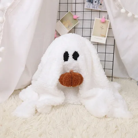Halloween Geist Plüschkissen Cremeweiß Langflor-Plüsch Kissen In Geisterform Mit Kürbis-Deko Dekoratives Sofakissen Geschenk