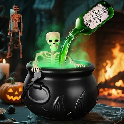 Halloween Witch Cauldron Mist Maker Large Black Plastic Bucket with Skull Decor USB Powered Fog Machine Halloween Party Decor