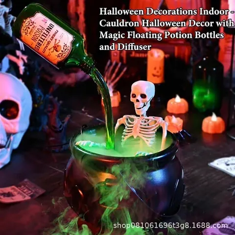 Halloween Witch Cauldron Mist Maker Large Black Plastic Bucket with Skull Decor USB Powered Fog Machine Halloween Party Decor
