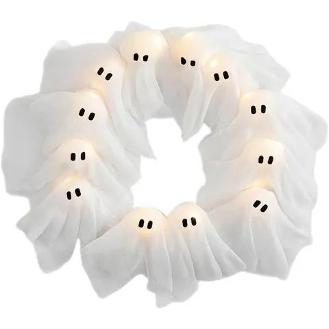 Halloween Ghost Wreath Soy Wax Scented Candle LED Glowing White Gauze Ghost Garland For Festival Home Party Decoration Gift