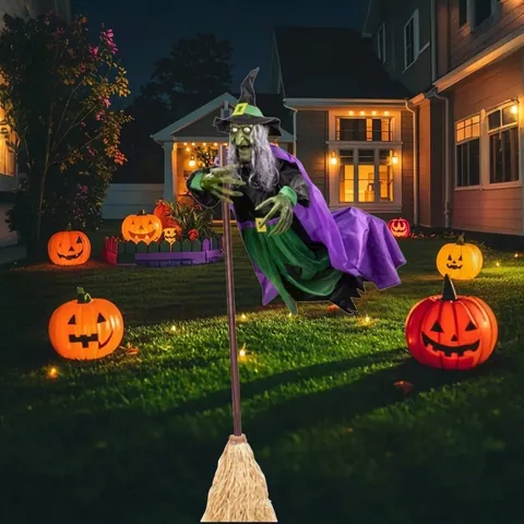 Strega di Halloween Animata con Occhi Luminosi e Mascella Mobile Decorazione da Giardino All'aperto in Plastica e Tessuto