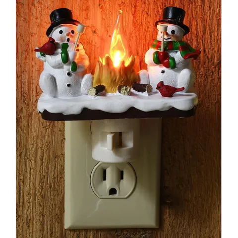 Christmas Snowman And Campfire Night Light Resin Plug-in Decorative LED Lamp With Manual Switch For Home Holiday Indoor Decor Gift