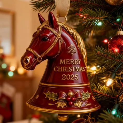 Retro Horse Head Bell Christmas Ornament With Gold Ribbon Merry Christmas 2025 Resin Holiday Hanging Decoration For Christmas Tree Home Decor