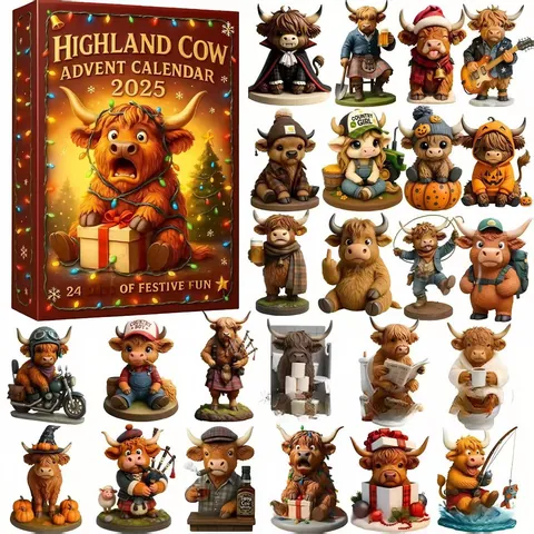 2025 3D Highland Cow Advent Calendar Christmas Countdown Box With Resin Figures Festive Animal Statues Holiday Home Decor