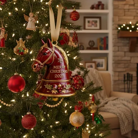 Retro Horse Head Bell Christmas Ornament With Gold Ribbon Merry Christmas 2025 Resin Holiday Hanging Decoration For Christmas Tree Home Decor