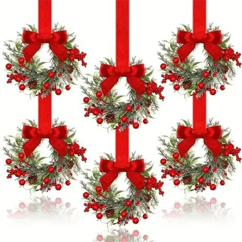 Christmas Wreath For Cabinets Red Velvet Bow Simulation Pine Needles Berries Pine Cones Indoor Kitchen Cupboard Wreath Ornaments