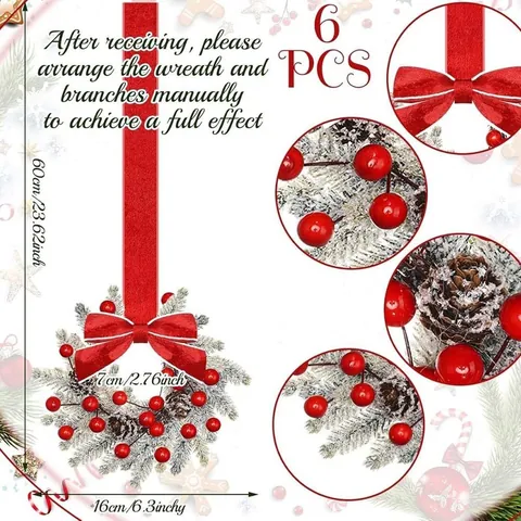 Christmas Wreath For Cabinets Red Velvet Bow Simulation Pine Needles Berries Pine Cones Indoor Kitchen Cupboard Wreath Ornaments