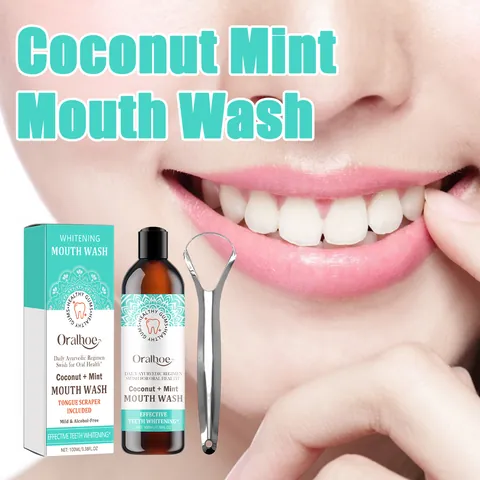 Oralhoe Coconut Mint Teeth Whitening Mouthwash Oral Care Set With Stainless Steel Tongue Scraper For Fresh Breath Dental Kit