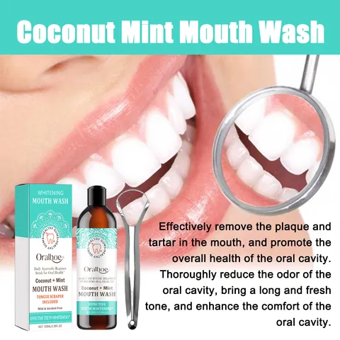 Oralhoe Coconut Mint Teeth Whitening Mouthwash Oral Care Set With Stainless Steel Tongue Scraper For Fresh Breath Dental Kit