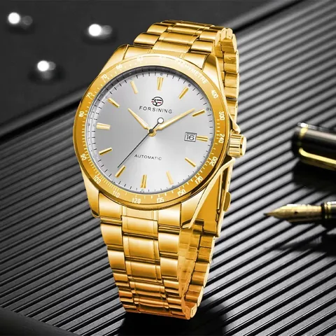 FORSINING Men Automatic Mechanical Watch Minimalist Business Alloy Strap Wristwatch With Date Tachymeter Luminous Transparent Back Gold Silver Black Watches