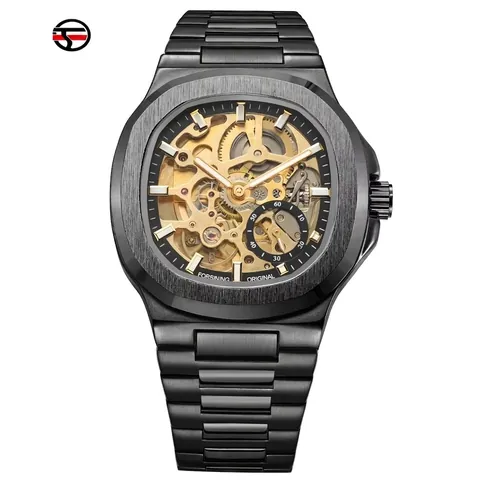 Forsining Men's Automatic Mechanical Watch Skeleton Alloy Dial Luxury Business Wristwatch Luminous Waterproof Alloy Band