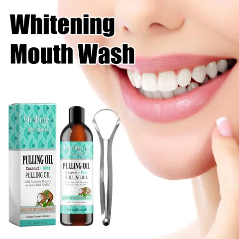 Oralhoe Coconut Peppermint Mouthwash Whitening Pulling Oil Set Natural Oral Care With Stainless Steel Tongue Scraper Breath Freshener
