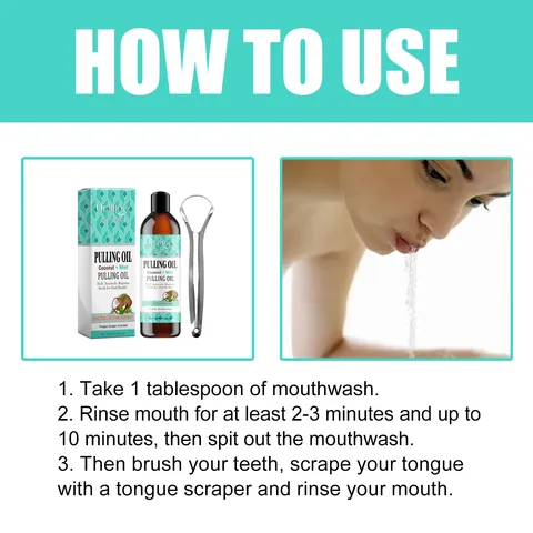 Oralhoe Coconut Peppermint Mouthwash Whitening Pulling Oil Set Natural Oral Care With Stainless Steel Tongue Scraper Breath Freshener