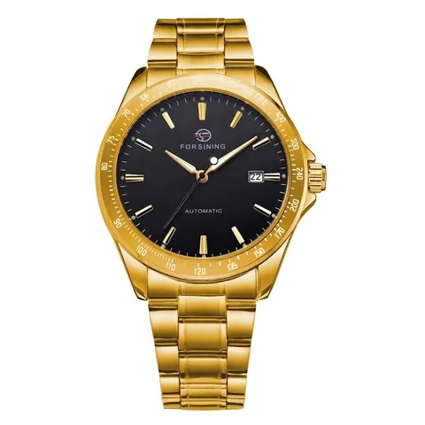 FORSINING Men Automatic Mechanical Watch Minimalist Business Alloy Strap Wristwatch With Date Tachymeter Luminous Transparent Back Gold Silver Black Watches