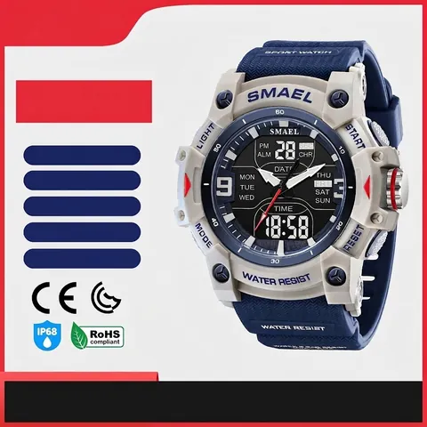 SMAEL 8117 Men Sport Watch Dual Display 50M Waterproof Chronograph Alarm LED Backlight Big Dial Resin Strap Military Watch