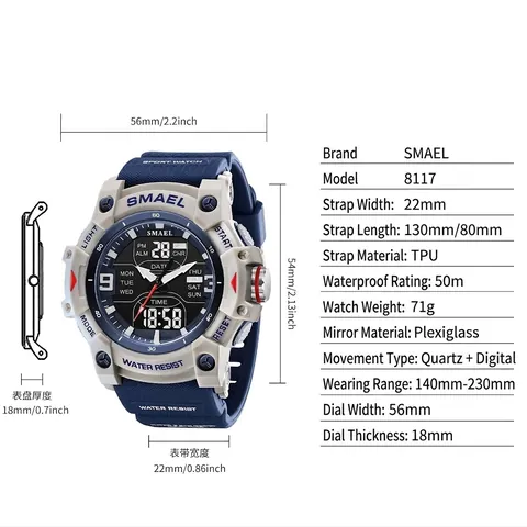 SMAEL 8117 Men Sport Watch Dual Display 50M Waterproof Chronograph Alarm LED Backlight Big Dial Resin Strap Military Watch