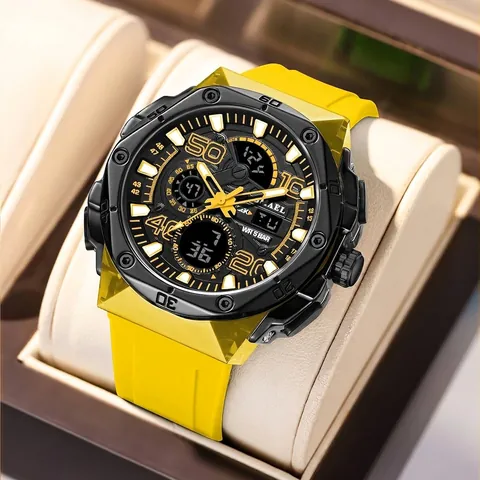 Men Sport Watch Dual Display Analog Digital Waterproof Luminous Stopwatch Alarm Alloy Case Silicone Strap Sporty Outdoor Wristwatch for Men