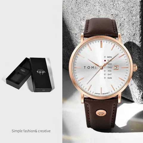 Herren Mode Quarzuhr Kreativ Minimalistisch Business Stil Lederarmband Datum Woche Anzeige Legierung Gehäuse Armbanduhr Geschenkbox
