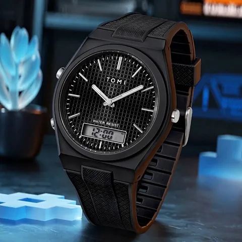 TOMI Men Sport Watch Dual Display Analog Digital Waterproof Luminous Alarm Stopwatch PU Strap Octagonal Case Wristwatch