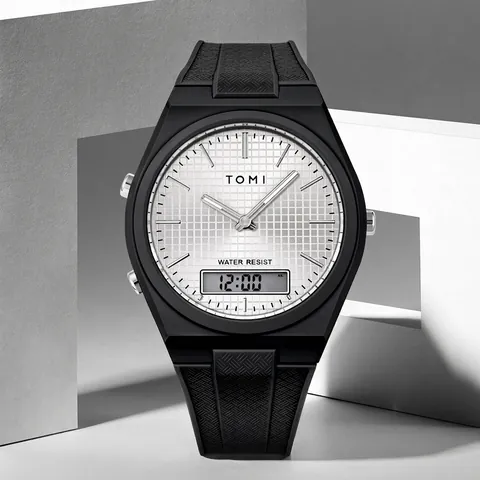 TOMI Men Sport Watch Dual Display Analog Digital Waterproof Luminous Alarm Stopwatch PU Strap Octagonal Case Wristwatch