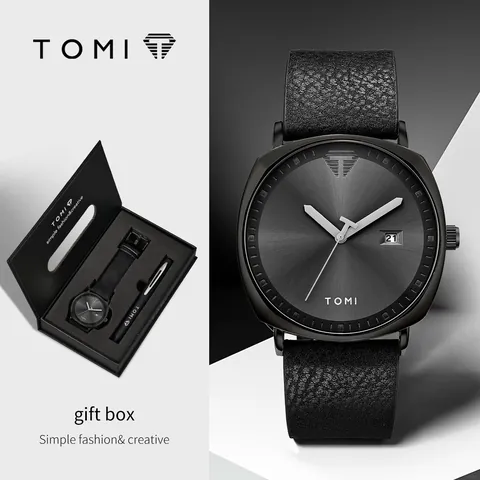TOMI Mode Quarzuhr Geschenkbox Set Für Herren Damen Casual Lederarmband Armbanduhr Mit Kalender Business Stift