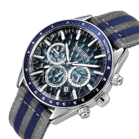 MEGIR Men Sport Quartz Watch Chronograph Luminous Tachymeter Alloy Case Canvas Strap Honeycomb Dial Date Wristwatch 8121