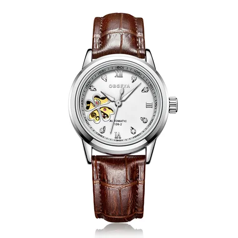 OBGEYA Luxury Women Automatic Mechanical Watch Hollow Heart Clover Dial Rhinestone Luminous 30M Waterproof Genuine Leather Strap Wristwatch