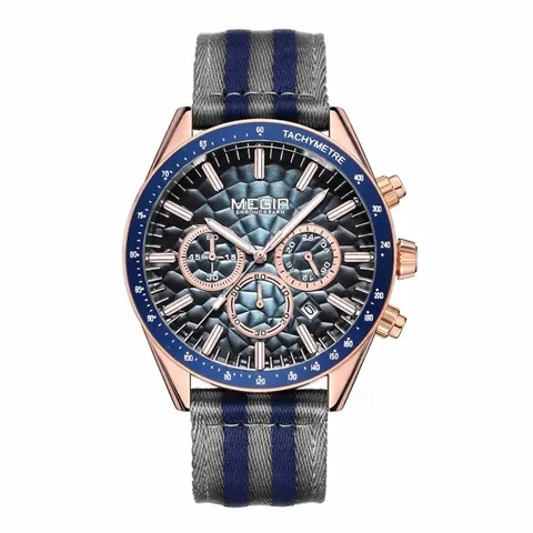 MEGIR Men Sport Quartz Watch Chronograph Luminous Tachymeter Alloy Case Canvas Strap Honeycomb Dial Date Wristwatch 8121