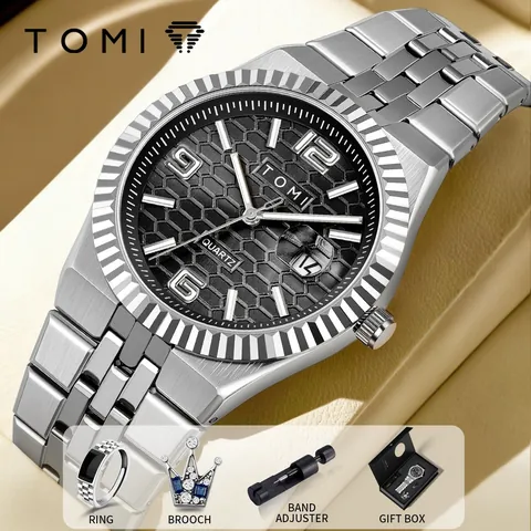 TOMI Business Herren Quarzuhr Kalender Leuchtend Zinklegierung Edelstahlband Ring Kronenbrosche Geschenkbox