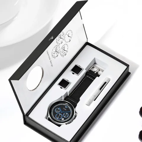 TOMI Business Herren Uhren Set Quarzuhr mit Kunstlederarmband Quadratische Manschettenknöpfe und Krawattennadel Geschenkbox Set