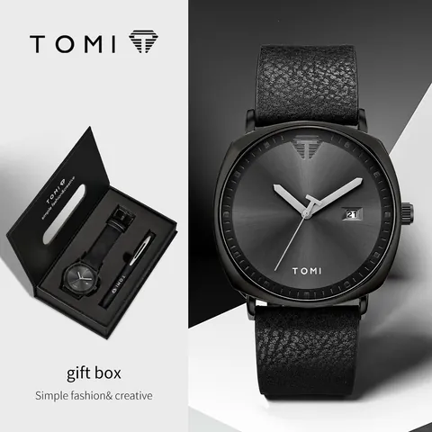 TOMI Mode Quarzuhr Geschenkbox Set Für Herren Damen Casual Lederarmband Armbanduhr Mit Kalender Business Stift