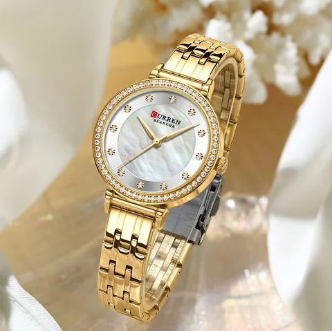 Reloj de Cuarzo de Lujo para Mujer Correa de Acero Inoxidable Esfera de Nácar Bisel de Strass Impermeabile Elegante