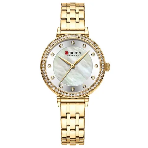 Reloj de Cuarzo de Lujo para Mujer Correa de Acero Inoxidable Esfera de Nácar Bisel de Strass Impermeabile Elegante