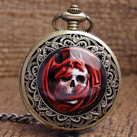Orologio da Taschino al Quarzo Steampunk Vintage Bronzo Antico Lega Traforato Intaglio Teschio Fiore Ciondolo Collana Orologio Unisex