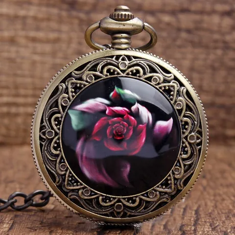 Orologio da Taschino al Quarzo Steampunk Vintage Bronzo Antico Lega Traforato Intaglio Teschio Fiore Ciondolo Collana Orologio Unisex