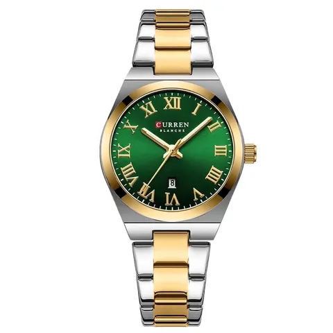 Elegant Women Quartz Watch With Calendar Roman Numerals Luminous Pointers Waterproof Two-Tone Alloy Strap Business Casual Wristwatch