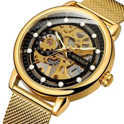 T-Winner Skeleton Men Manual Mechanical Watch Stainless Steel Mesh Band Fashion Business Water Resistant Wristwatch