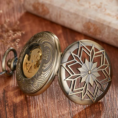 Montre à Gousset Mécanique Automatique Ajourée Rétro Chiffres Romains Lumineux Cadran Squelette Montre Pendentif avec Chaîne