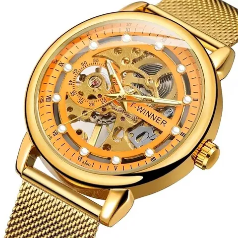 T-Winner Skeleton Men Manual Mechanical Watch Stainless Steel Mesh Band Fashion Business Water Resistant Wristwatch