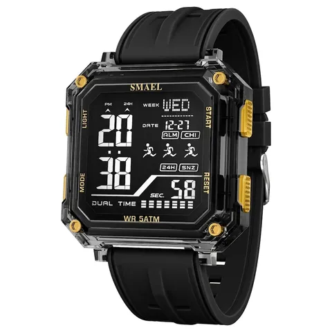 Montre de Sport Numérique SMAEL Carrée Unisexe Étanche 5ATM Double Fuseau Alarme Chronographe LED Silicone Fitness