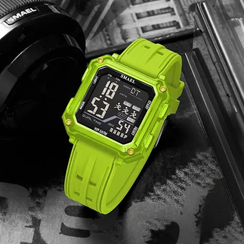 Montre de Sport Numérique SMAEL Carrée Unisexe Étanche 5ATM Double Fuseau Alarme Chronographe LED Silicone Fitness