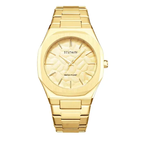 BESTWIN Herren Business Quarzuhr Oktogonale Lünette Relief Zifferblatt Edelstahlarmband Wasserdicht Luxus Armbanduhr Mode Geschenk