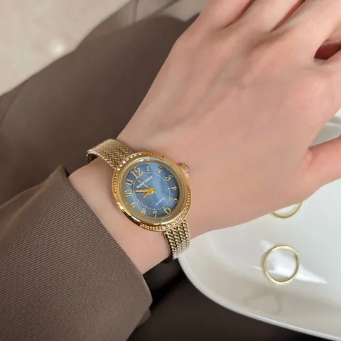 Orologio al Quarzo da Donna alla Moda di Lusso in Lega Cinturino in Maglia Intrecciata Lunetta con Strass Quadrante Ovale Tondo Orologio