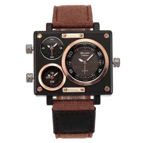 Oulm Men Quartz Watch Square Large Dial Three Time Zone Outdoor Sports Casual Alloy Case Canvas Leather Strap Fashion Wristwatch